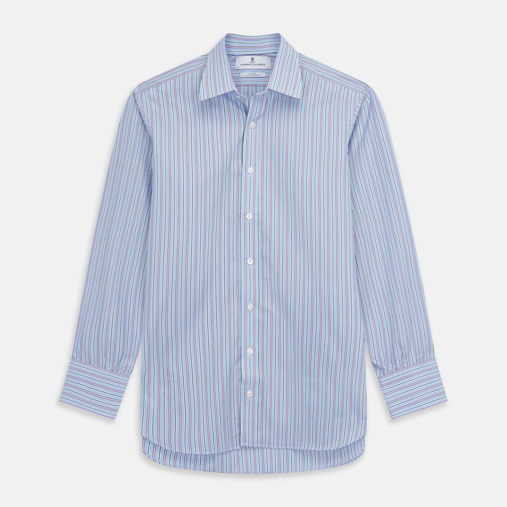 Close-up of Turnbull & Asser's Blue, Purple & Green Stripe Cotton Fabric featuring diagonal stripes on a light blue background, viewed through a circular frame; the cotton material is softly folded and slightly textured.