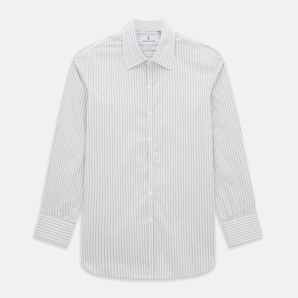 A red and navy graph check Westminster shirt by Turnbull & Asser with a formal collar and tailored fit, featuring a button-up front and buttoned cuffs, laid flat on a white background.