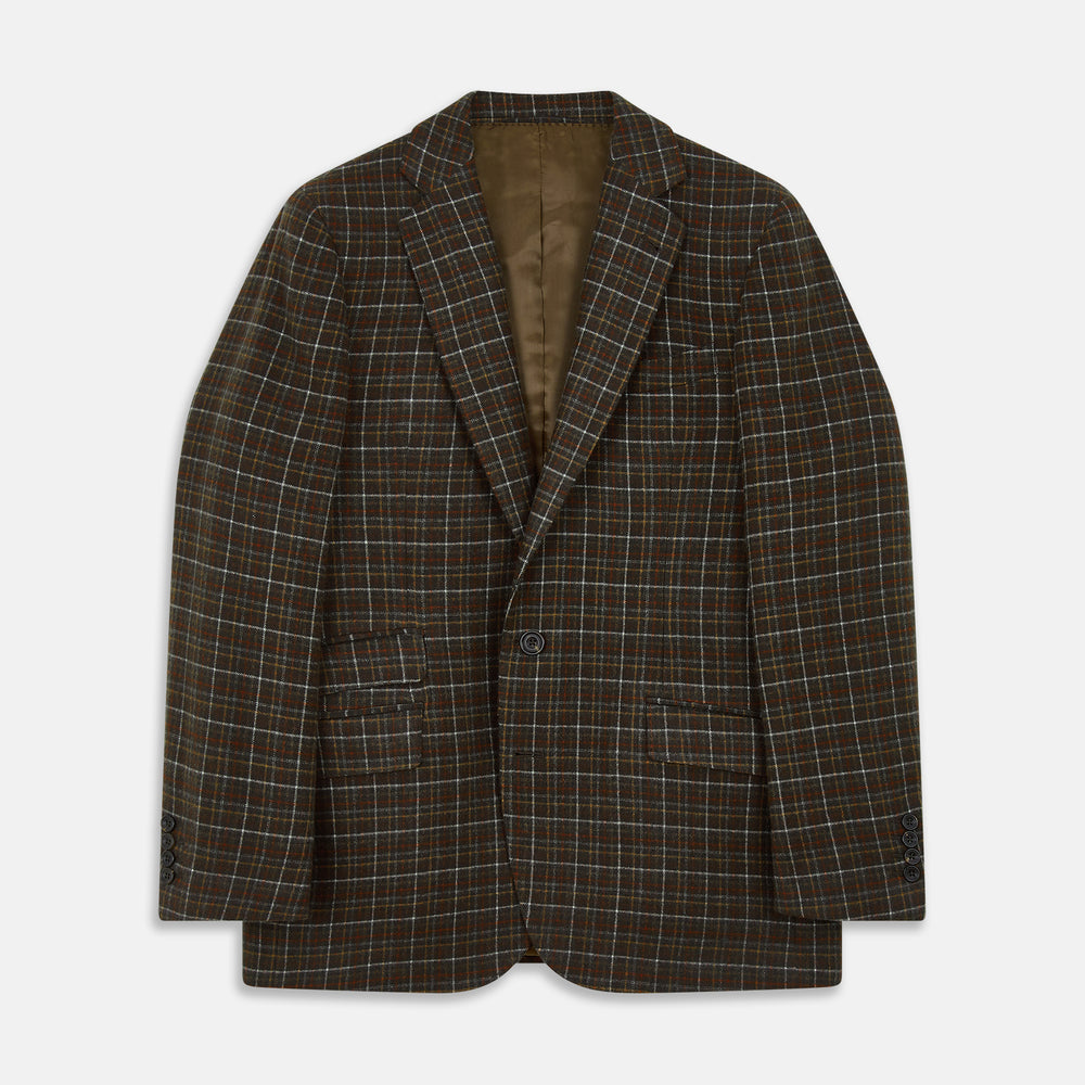 The Green Multi Check Cashmere Barrington Blazer by Turnbull & Asser, featuring a single-breasted design, notched lapel, and two front flap pockets, is shown laid flat on a white background.