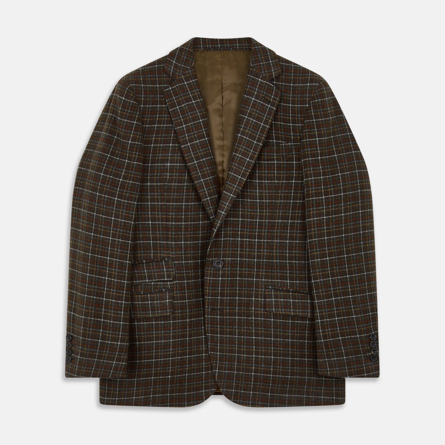 View 1 of product The Green Multi Check Cashmere Barrington Blazer by Turnbull & Asser, featuring a single-breasted design, notched lapel, and two front flap pockets, is shown laid flat on a white background.