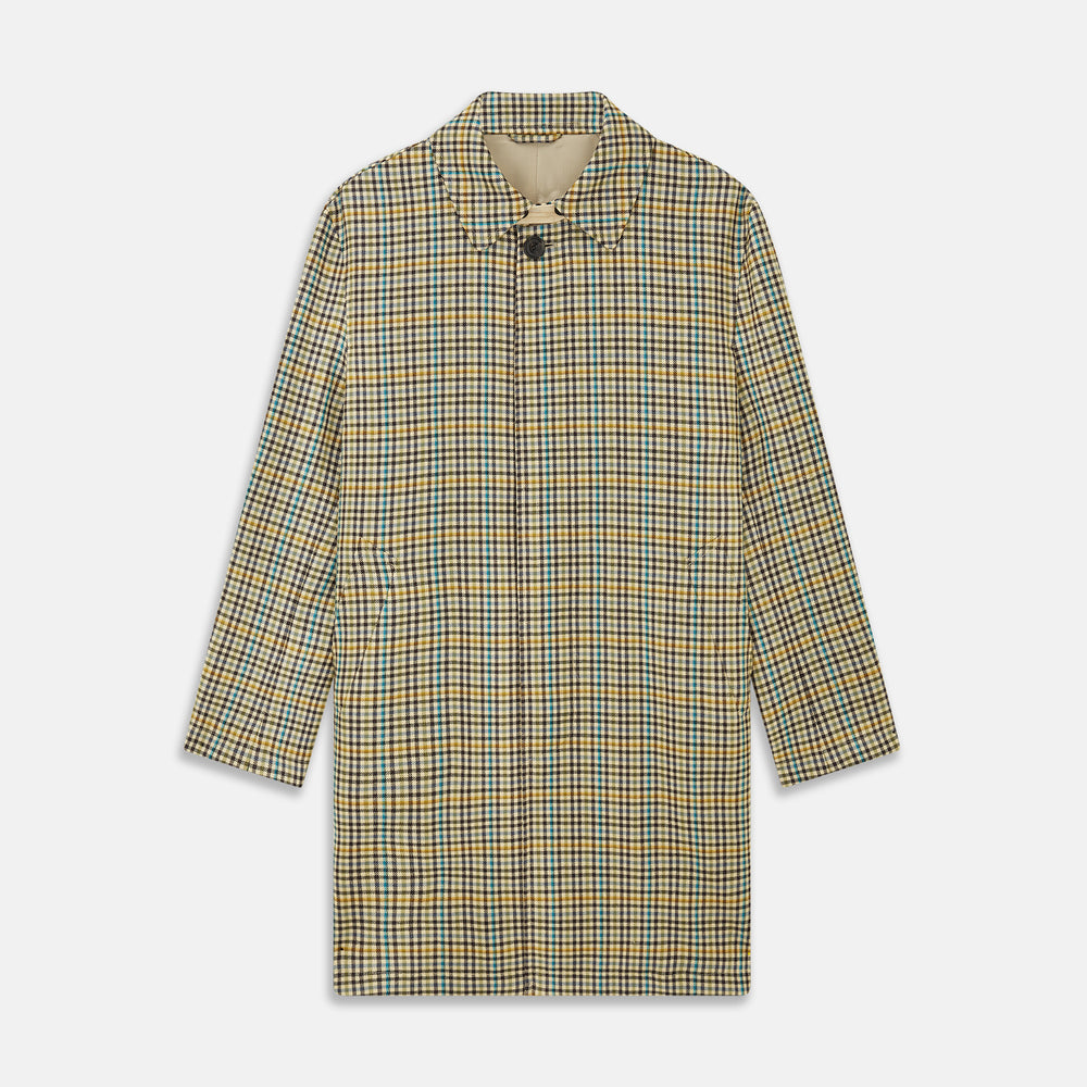 The Turnbull & Asser Green and Blue Multi Check Wool Elliot Coat is a men’s knee-length, long-sleeved overcoat with a collar and button-up front, crafted from Scottish wool in a check plaid pattern, shown on a white background.