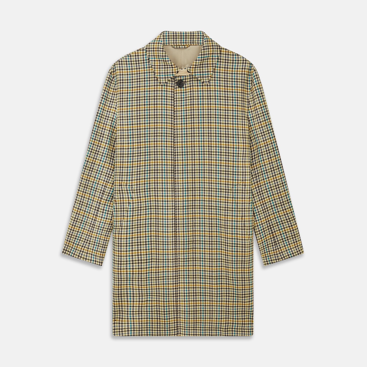 View 1 of product The Turnbull & Asser Green and Blue Multi Check Wool Elliot Coat is a men’s knee-length, long-sleeved overcoat with a collar and button-up front, crafted from Scottish wool in a check plaid pattern, shown on a white background.