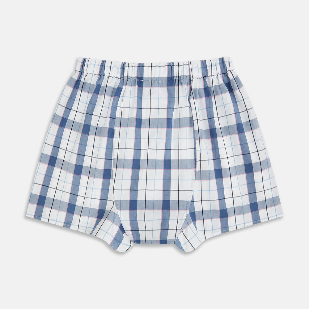 Blue Blazer Check Godfrey Boxer Shorts by Turnbull & Asser, crafted from Italian cotton with blue and light pink plaid and an elastic waistband, shown against a plain white background.