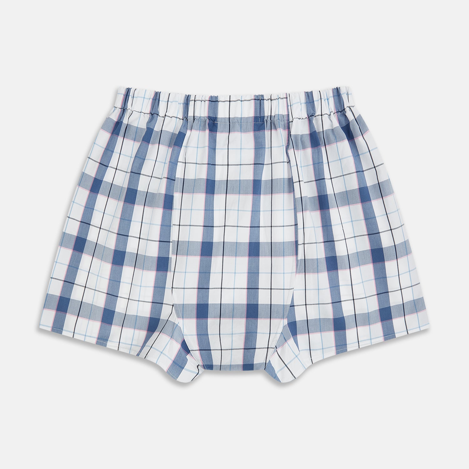 View 2 of product Blue Blazer Check Godfrey Boxer Shorts by Turnbull & Asser, crafted from Italian cotton with blue and light pink plaid and an elastic waistband, shown against a plain white background.
