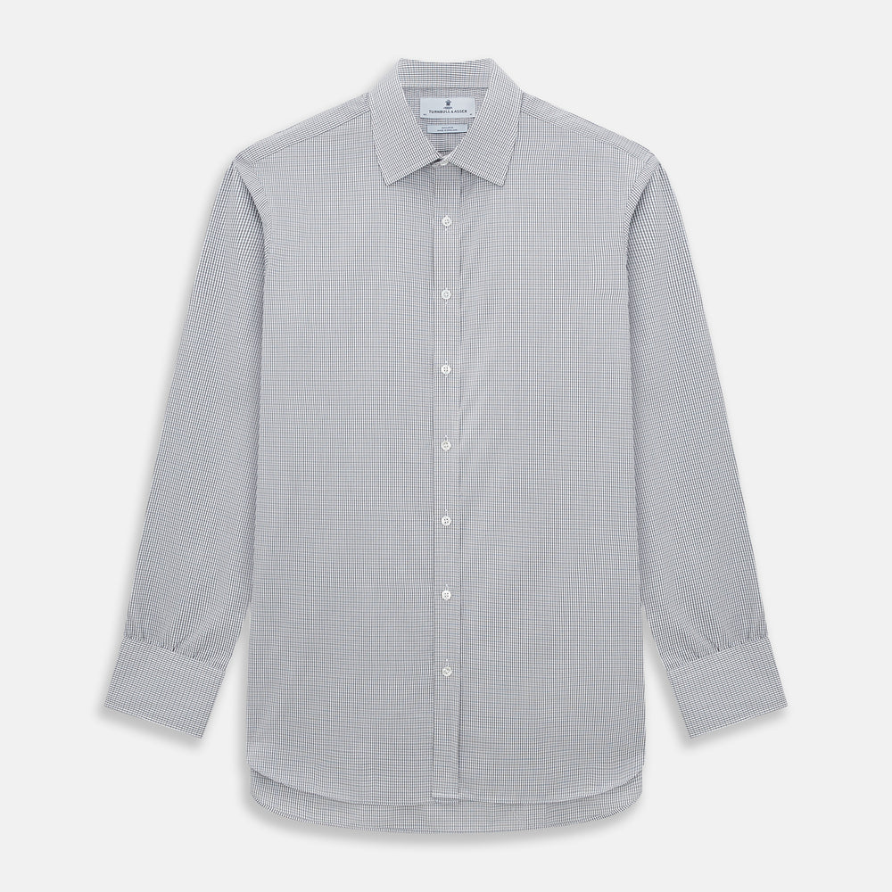 The Midnight Blue Micro Tattersall Check Mayfair Shirt by Turnbull & Asser, made from pure cotton with white buttons, a classic collar, and cuffed sleeves, is laid flat on a white background.