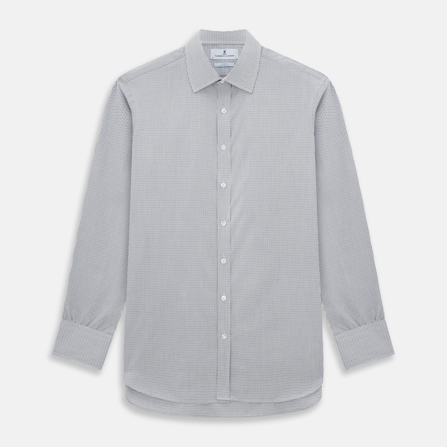 View 1 of product The Midnight Blue Micro Tattersall Check Mayfair Shirt by Turnbull & Asser, made from pure cotton with white buttons, a classic collar, and cuffed sleeves, is laid flat on a white background.