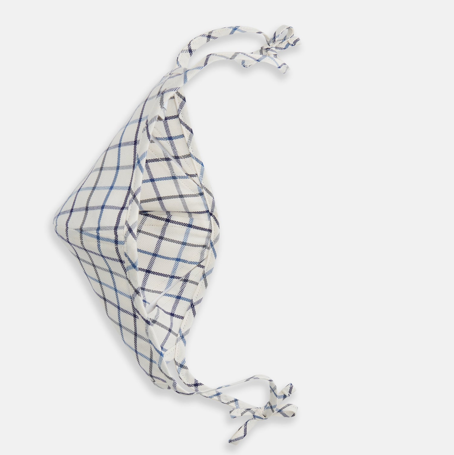View 3 of product The Turnbull & Asser Check Blue Multi Commuter Mask features a blue plaid design, adjustable fabric ear loops tied in bows, and comes with 3 Viroformula™ filters. Laid flat on a white background.