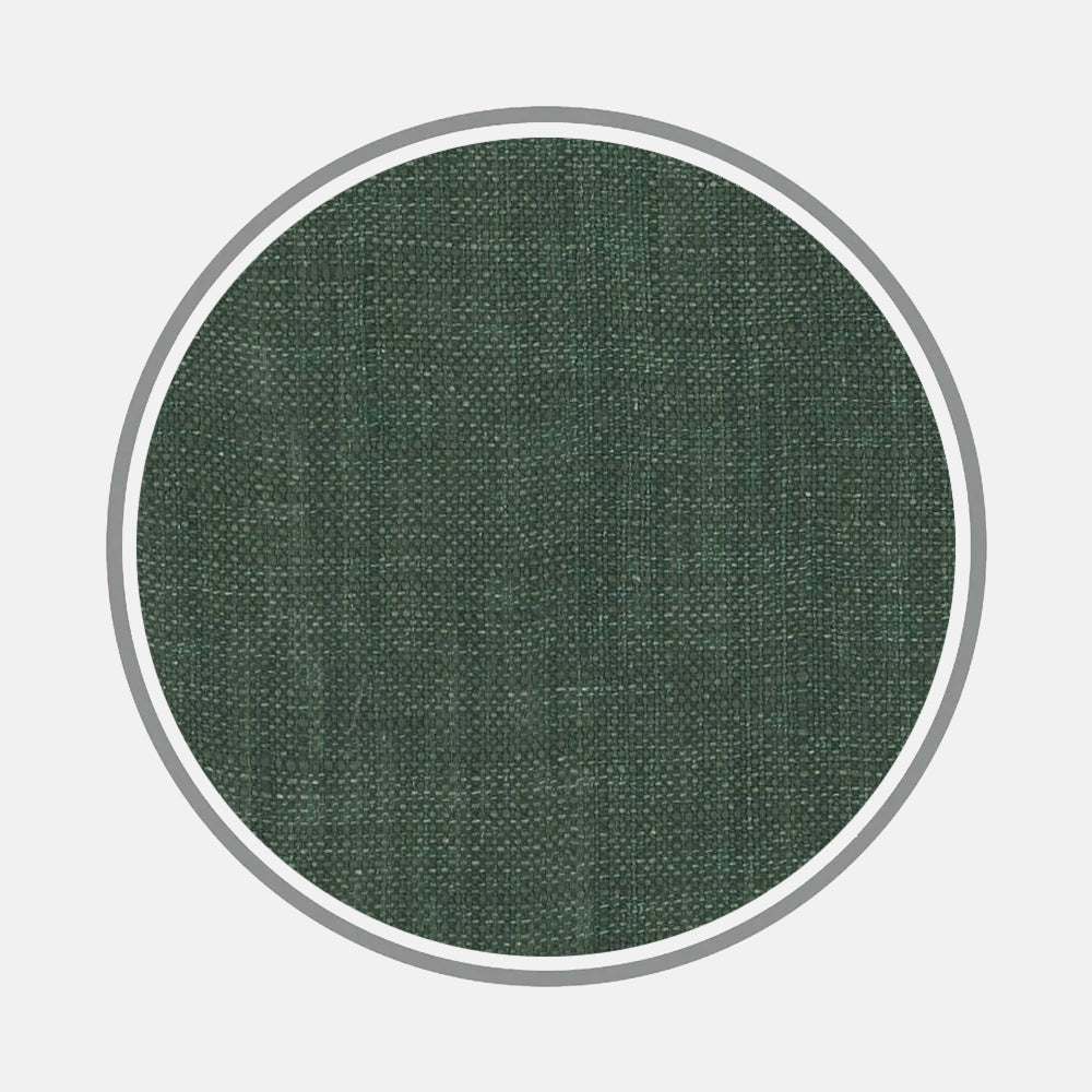A close-up of Turnbull & Asser's Forest Green Linen Fabric, shown with its rich texture in a circular frame against a light gray background.