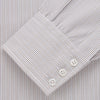 View 4 of product The Turnbull & Asser Sandstone Multi Stripe Cotton Regular Fit Mayfair Shirt, featuring long sleeves, button-up front, chest pocket, and classic collar with subtle white and light gray vertical pinstripes, is laid flat on a white background.