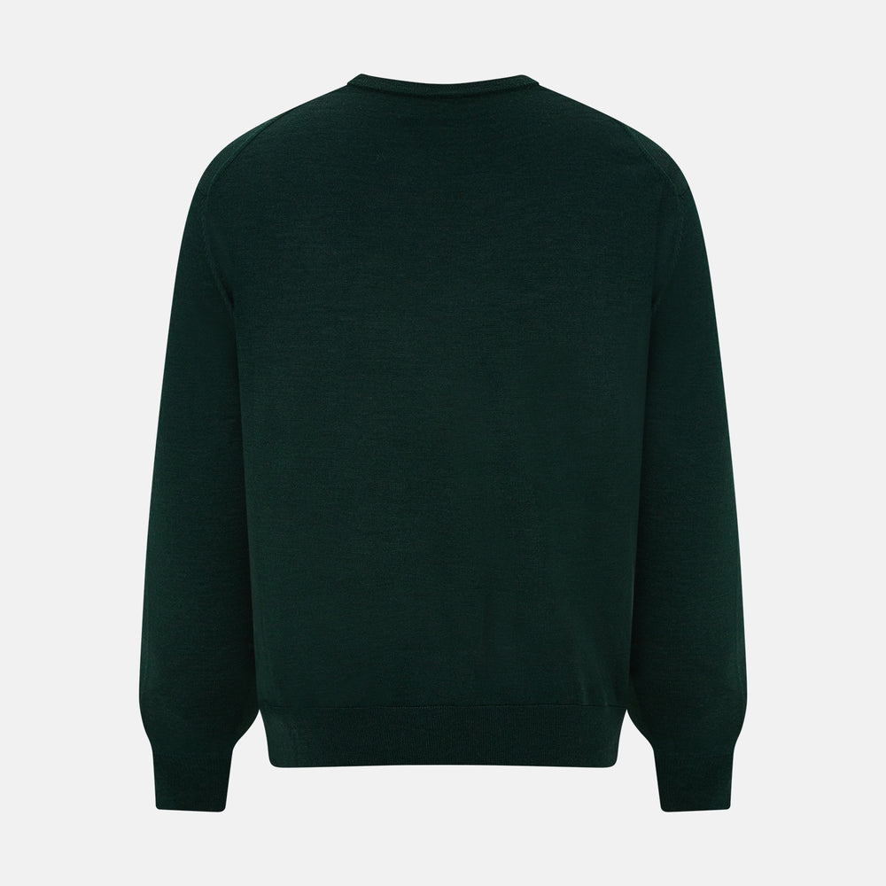 The Turnbull & Asser Forest Green Fine Merino V-Neck Jumper features long sleeves, ribbed cuffs and hem—classic knitwear for any wardrobe, shown on a white background.
