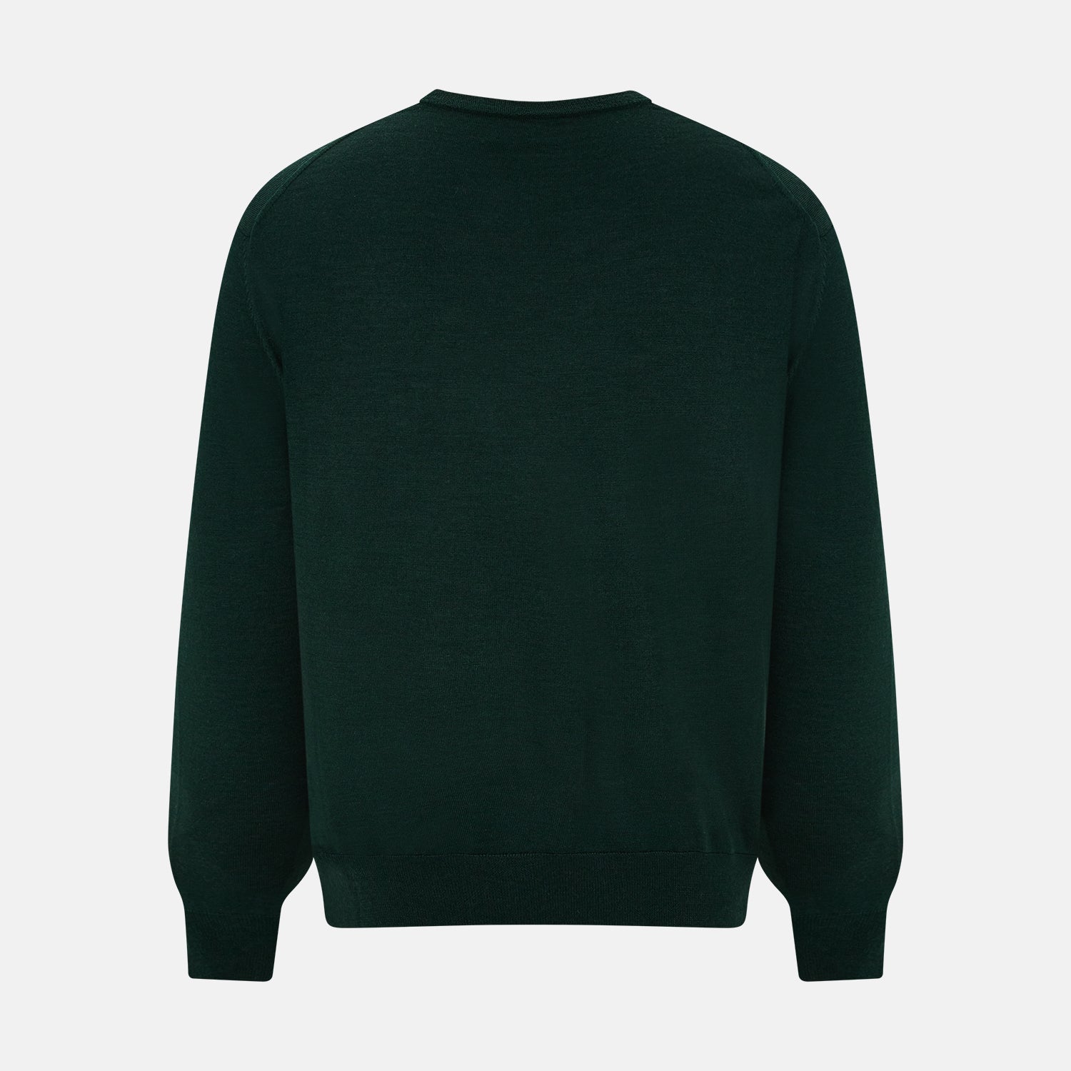 View 3 of product The Turnbull & Asser Forest Green Fine Merino V-Neck Jumper features long sleeves, ribbed cuffs and hem—classic knitwear for any wardrobe, shown on a white background.