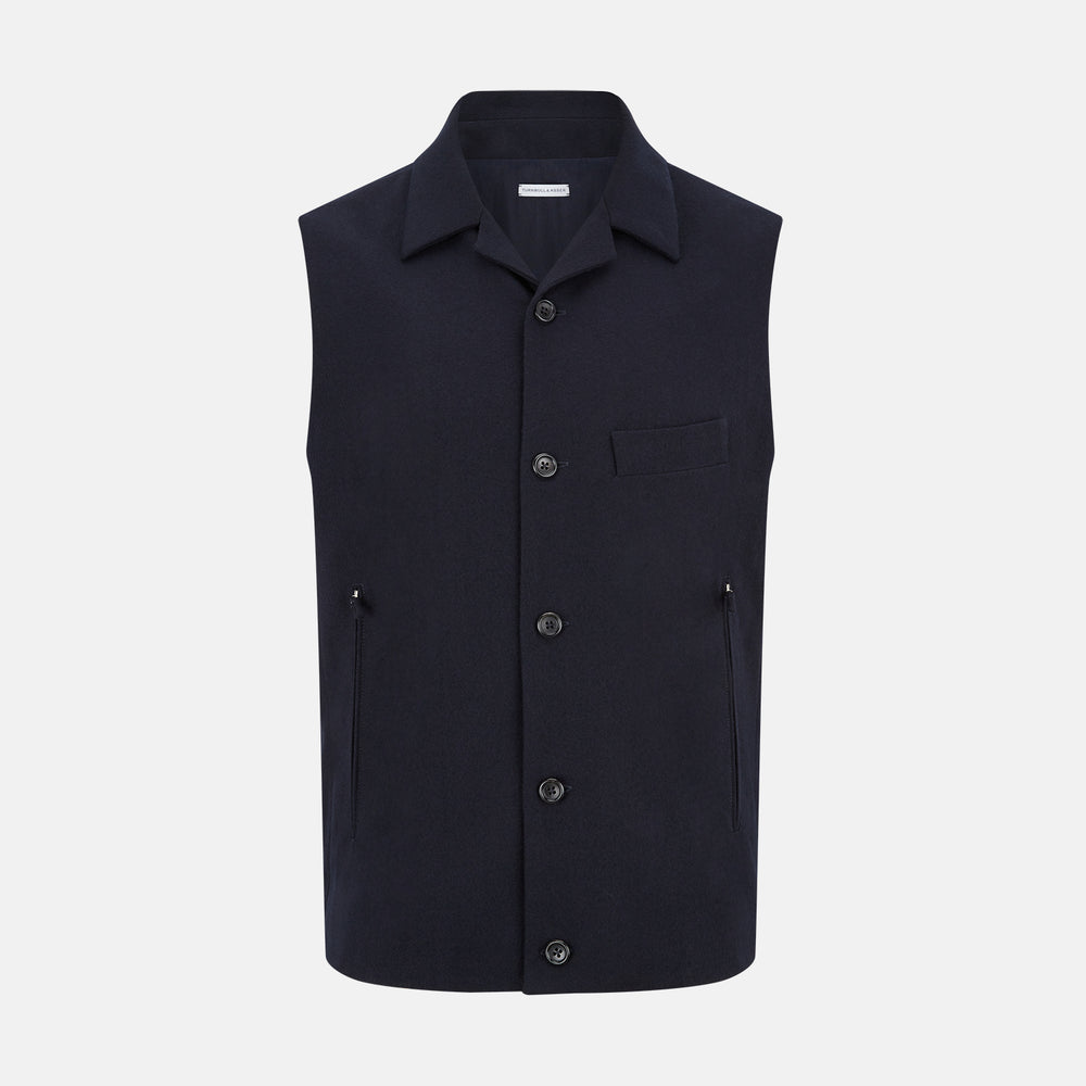 The Turnbull & Asser Navy Collared Single-breasted Waistcoat features a sleeveless design, wool-cashmere blend, two zippered side pockets, and a chest pocket—ideal for upgrading your winter look—shown on a white background.