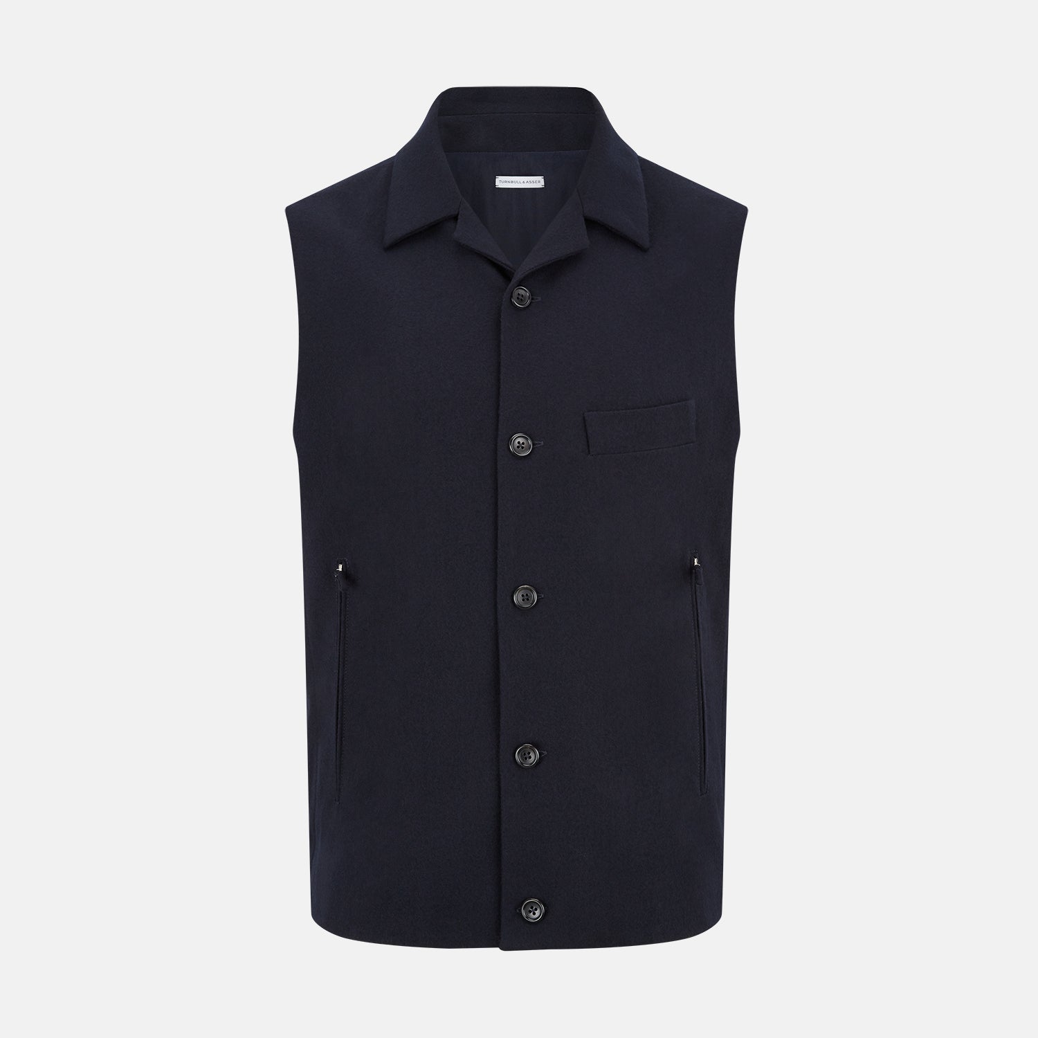 View 1 of product The Turnbull & Asser Navy Collared Single-breasted Waistcoat features a sleeveless design, wool-cashmere blend, two zippered side pockets, and a chest pocket—ideal for upgrading your winter look—shown on a white background.