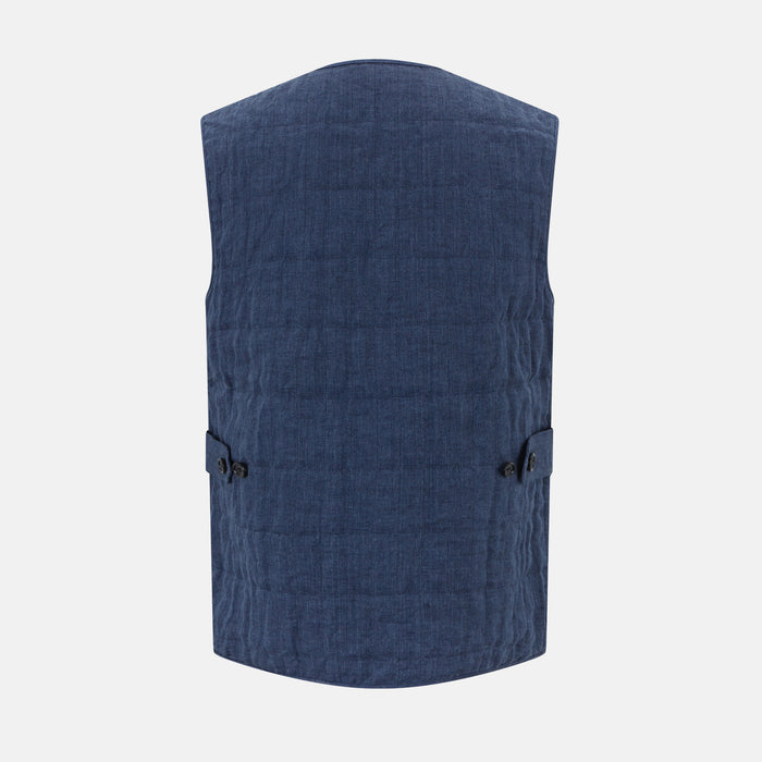 Denim Blue Quilted Linen Herringbone Waistcoat Image 2