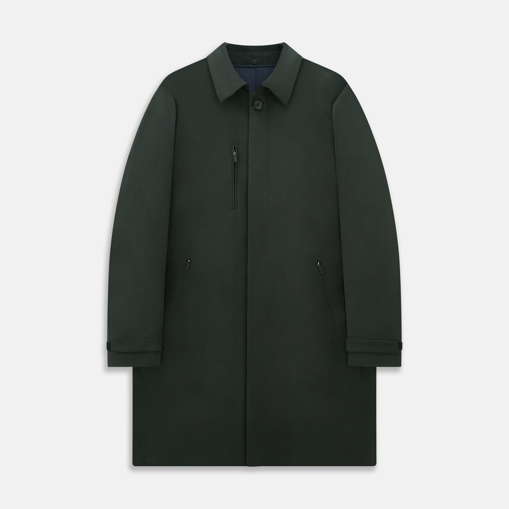A Forest Green John Arthur Trench Coat by Turnbull & Asser, knee-length with a single-breasted button closure, three zippered pockets, and buttoned cuffs, is laid flat on a white background.