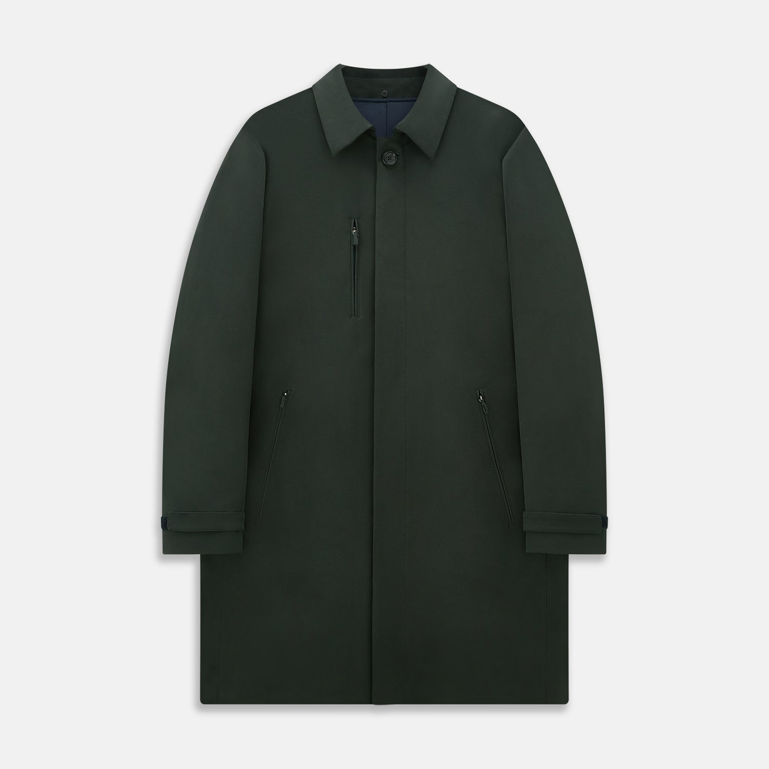 View 1 of product A Forest Green John Arthur Trench Coat by Turnbull & Asser, knee-length with a single-breasted button closure, three zippered pockets, and buttoned cuffs, is laid flat on a white background.