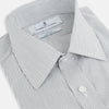 View 2 of product A long-sleeved Midnight Blue Fine Track Stripe Mayfair Shirt by Turnbull & Asser, featuring a T&A collar and white buttons, is laid neatly flat on a white background.