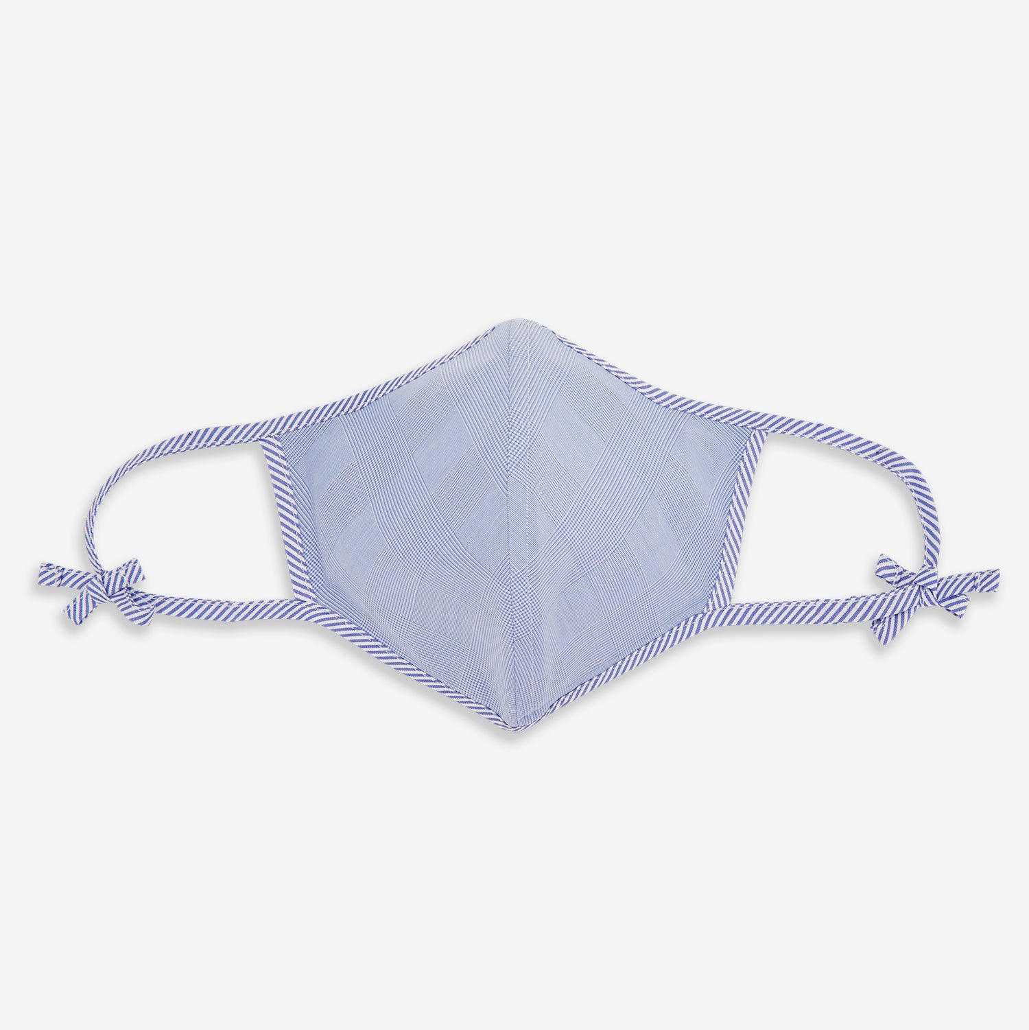View 1 of product The Turnbull & Asser Blue Fine Check Zephyr Cotton Commuter Mask features a light blue and white check pattern, adjustable side ties, and comes with 3 Viroformula™ filters. Shown on a plain white background.