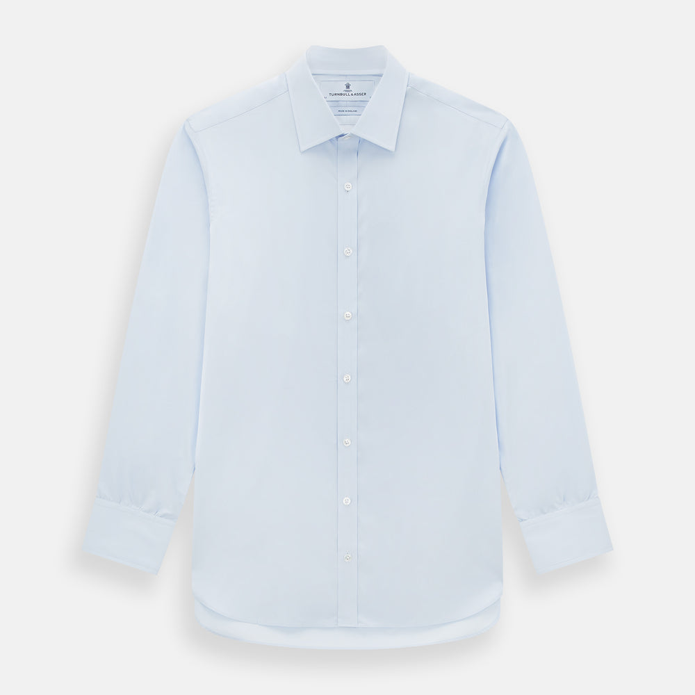 The Turnbull & Asser Pale Blue Cotton Regular Fit Mayfair Shirt features a classic collar, white buttons, and buttoned cuffs. This long-sleeve dress shirt displays the timeless Mayfair silhouette for a refined look.