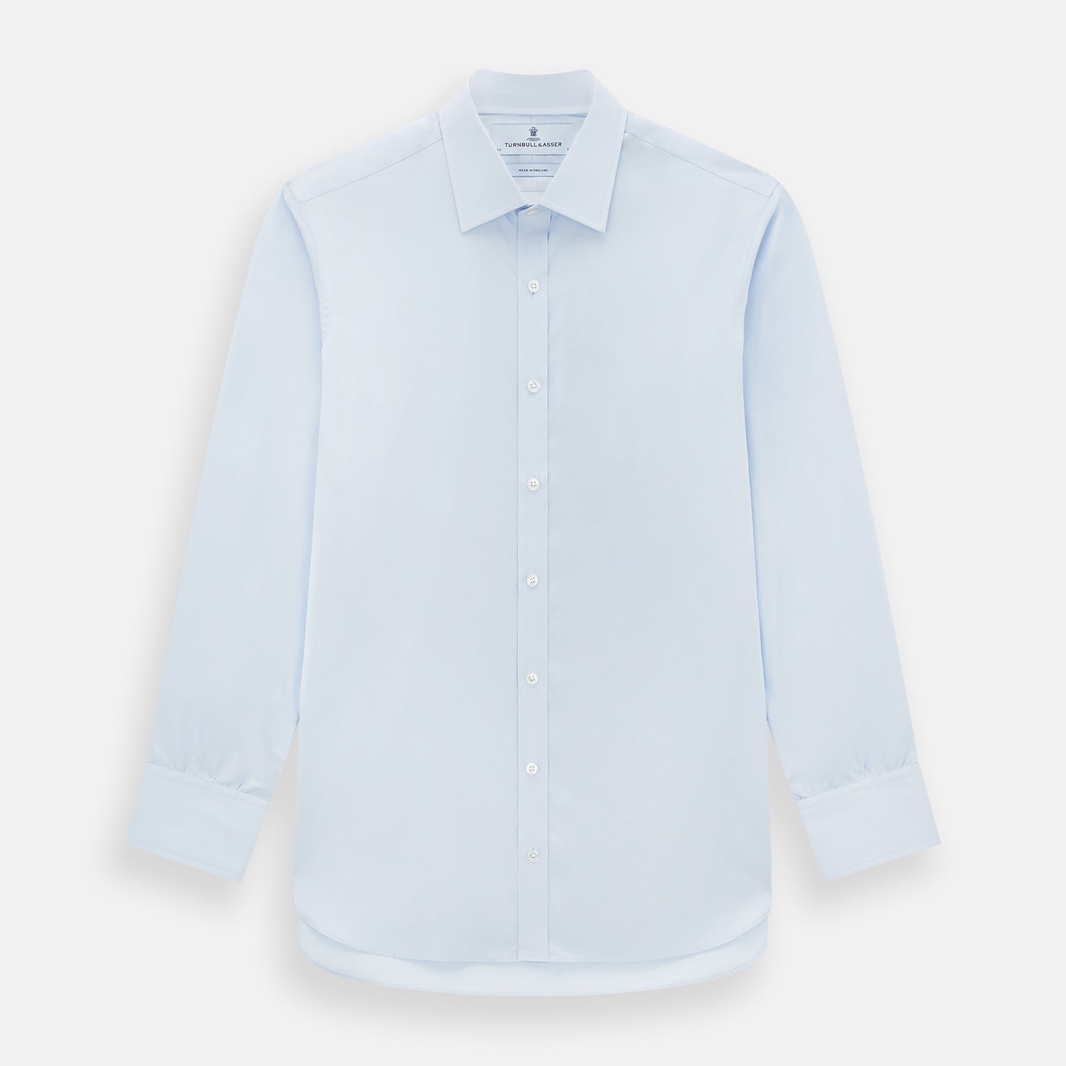 View 1 of product The Turnbull & Asser Pale Blue Cotton Regular Fit Mayfair Shirt features a classic collar, white buttons, and buttoned cuffs. This long-sleeve dress shirt displays the timeless Mayfair silhouette for a refined look.