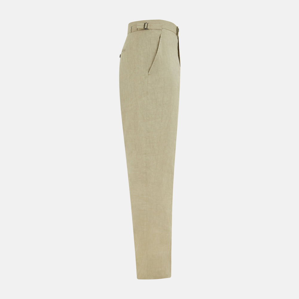 Turnbull & Asser's Taupe Linen Henry Trousers, made from a linen-cotton blend, feature a straight-leg cut, button and zip closure, belt loops, and adjustable waist tabs—shown against a plain white background.