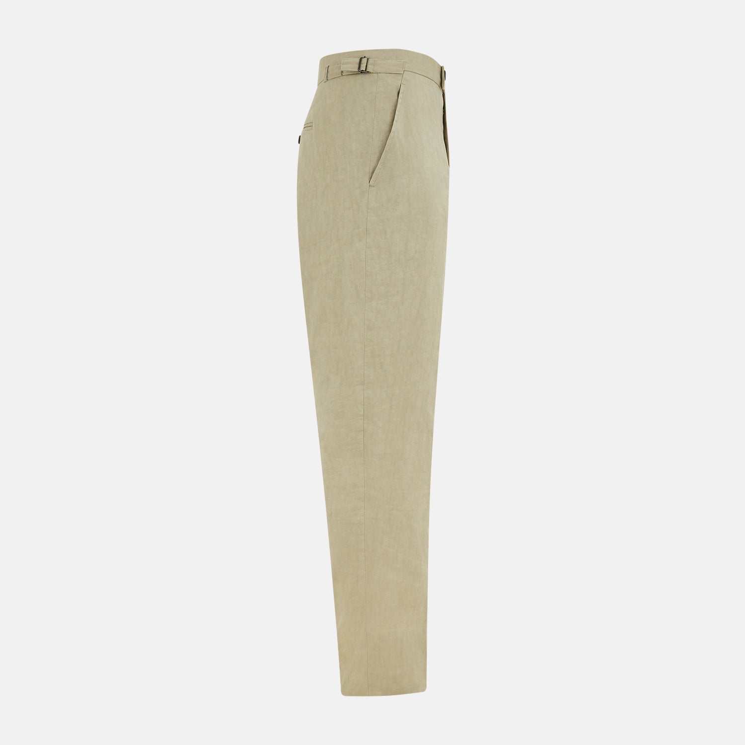 View 3 of product Turnbull & Asser's Taupe Linen Henry Trousers, made from a linen-cotton blend, feature a straight-leg cut, button and zip closure, belt loops, and adjustable waist tabs—shown against a plain white background.