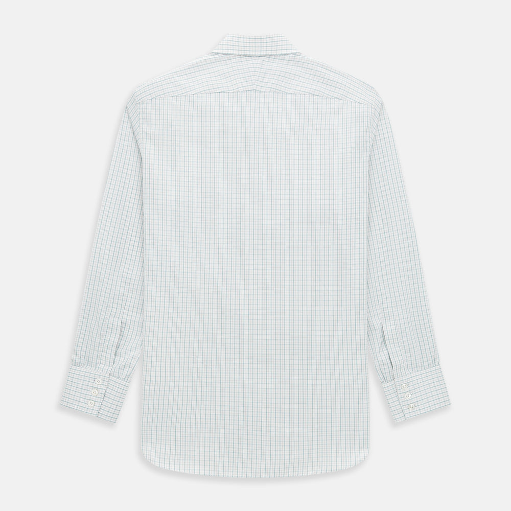 The Turnbull & Asser Turquoise and Red Multi Check Westminster shirt features long sleeves, a standard collar, and buttoned cuffs, showcasing fine British craftsmanship. It’s pictured laid flat on a white background.