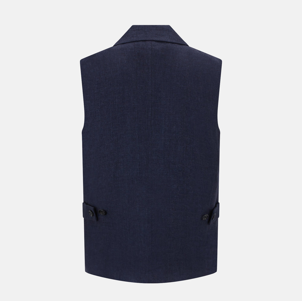 Turnbull & Asser Navy Collared Linen Waistcoat features a tailored fit, sleeveless design, button-up front, left chest pocket, and two zippered side pockets, shown against a plain white background.