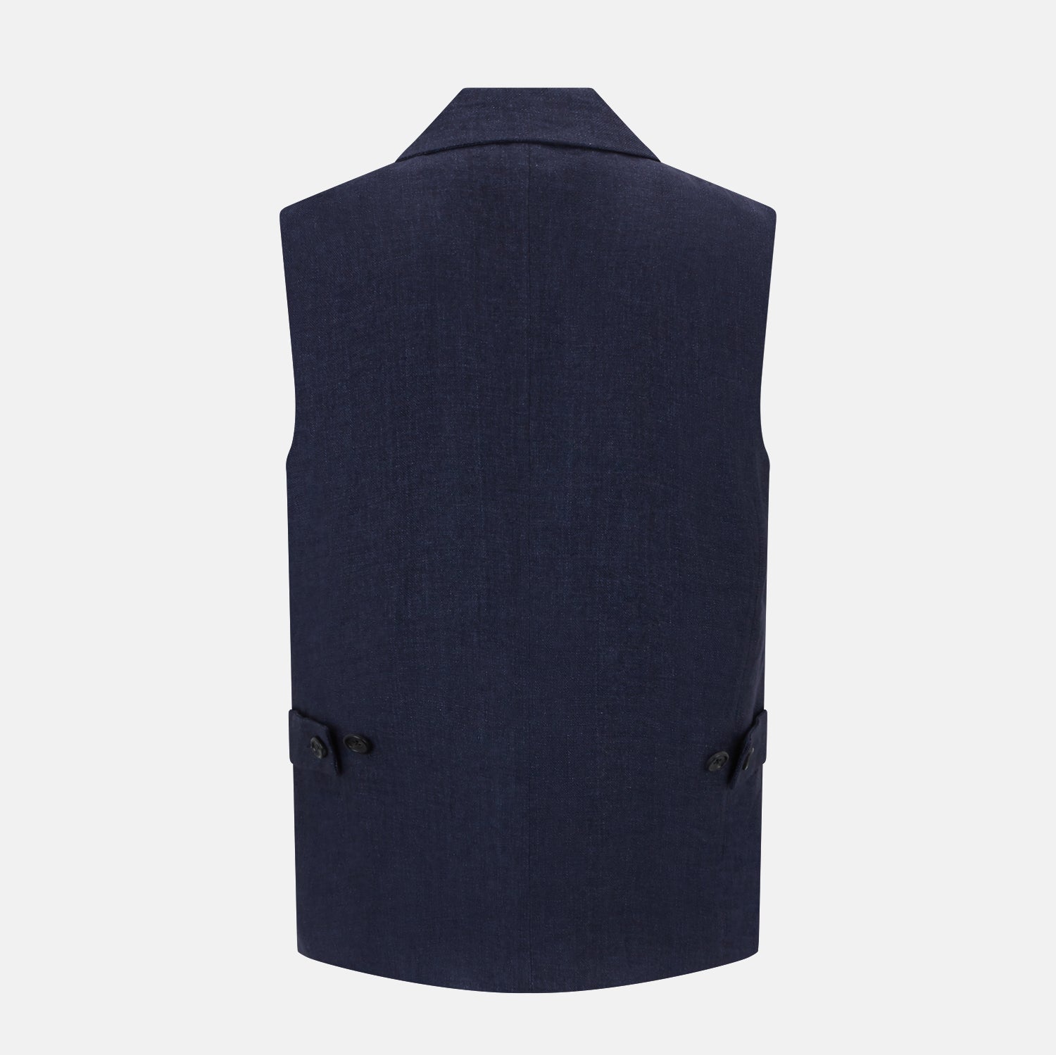 View 3 of product Turnbull & Asser Navy Collared Linen Waistcoat features a tailored fit, sleeveless design, button-up front, left chest pocket, and two zippered side pockets, shown against a plain white background.