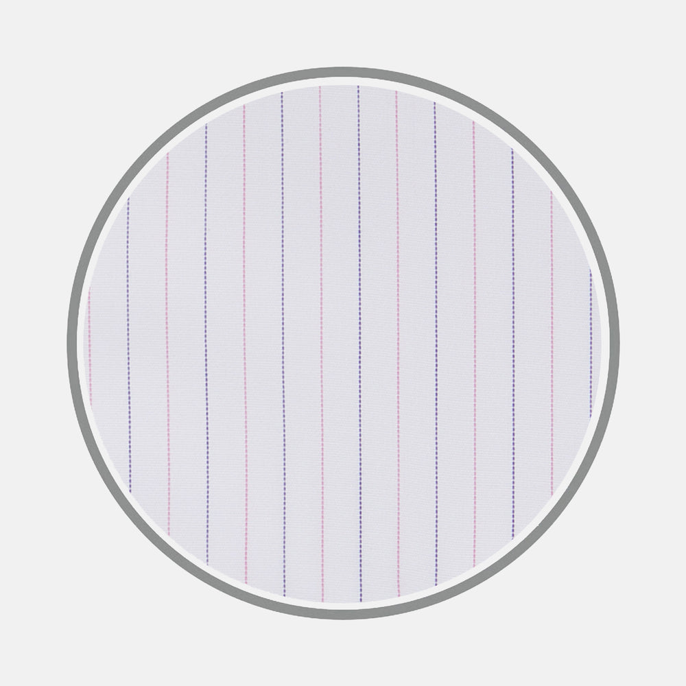 A close-up of Turnbull & Asser’s Pink and Navy Hairline Stripe Sea Island Quality Cotton Fabric, featuring fine pink and navy vertical stripes, displayed within a circular frame on a light gray background.