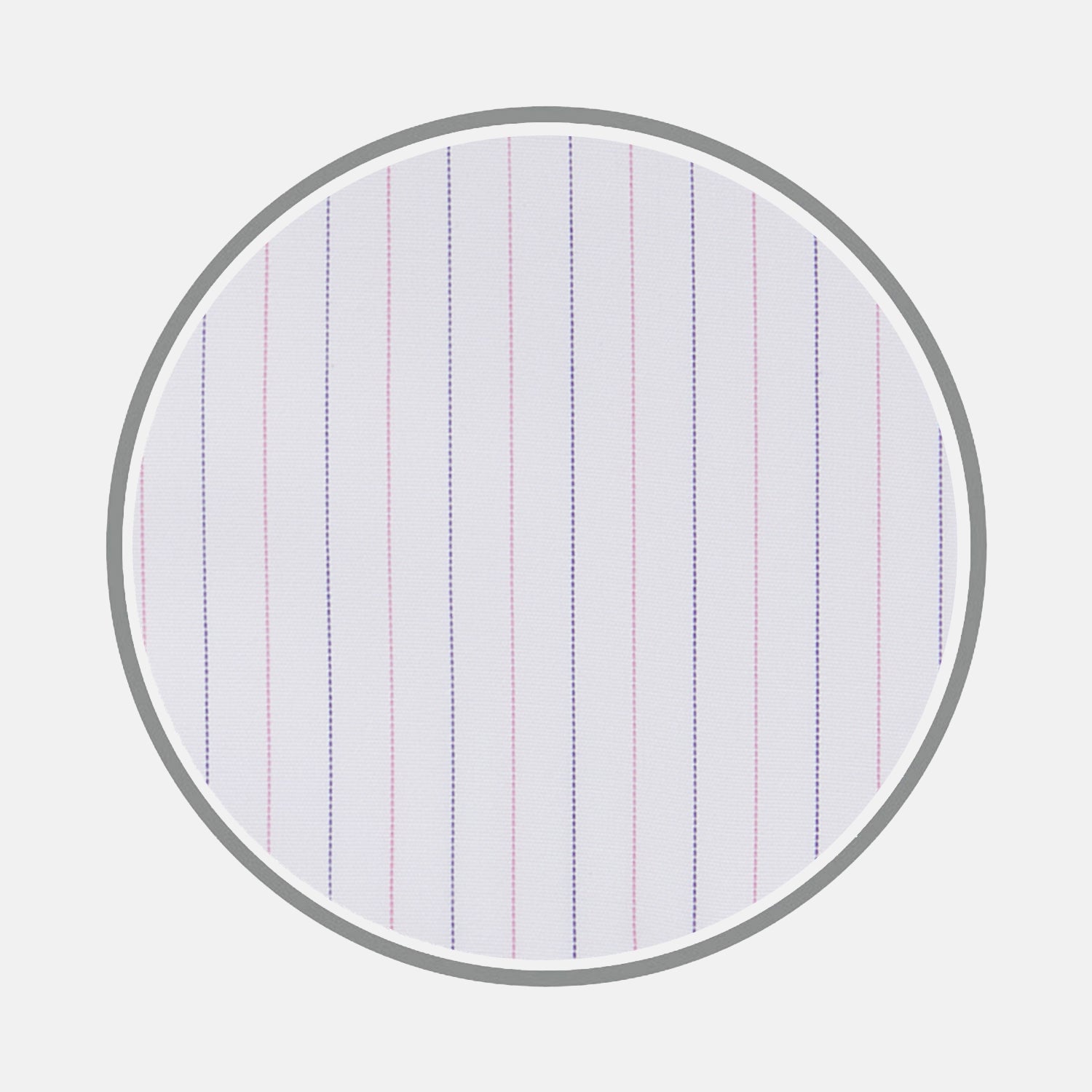 View 1 of product A close-up of Turnbull & Asser’s Pink and Navy Hairline Stripe Sea Island Quality Cotton Fabric, featuring fine pink and navy vertical stripes, displayed within a circular frame on a light gray background.