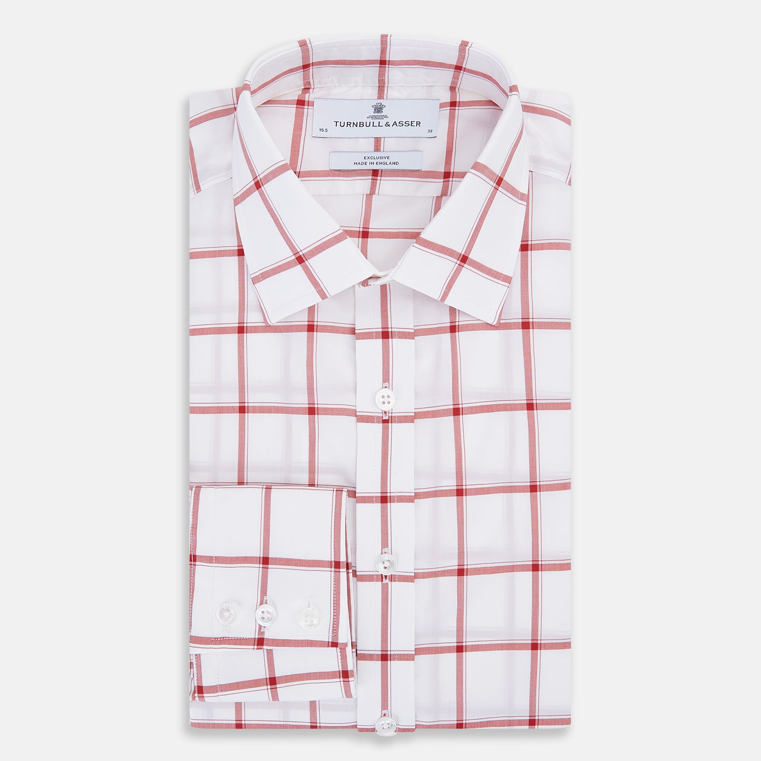 View 5 of product The Turnbull & Asser Dark Red Grid Check Mayfair Shirt is a long-sleeve white shirt made from Italian cotton, featuring a bold dark red grid pattern, button-down front, and classic collar, shown laid flat on a white background.