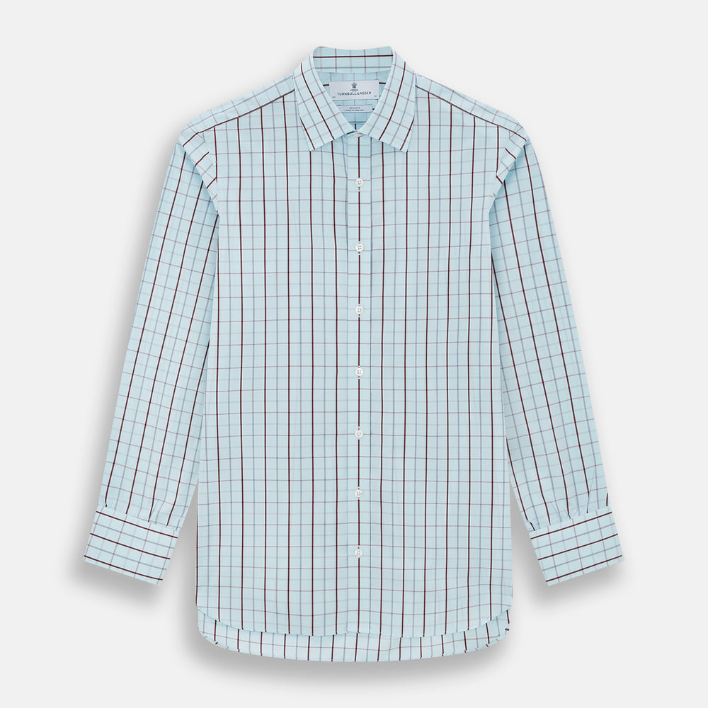 The Turnbull & Asser Burgundy Combination Check Mayfair Shirt is a long-sleeve button-up dress shirt with a check pattern, ideal for formal wear and shown on a plain white background.