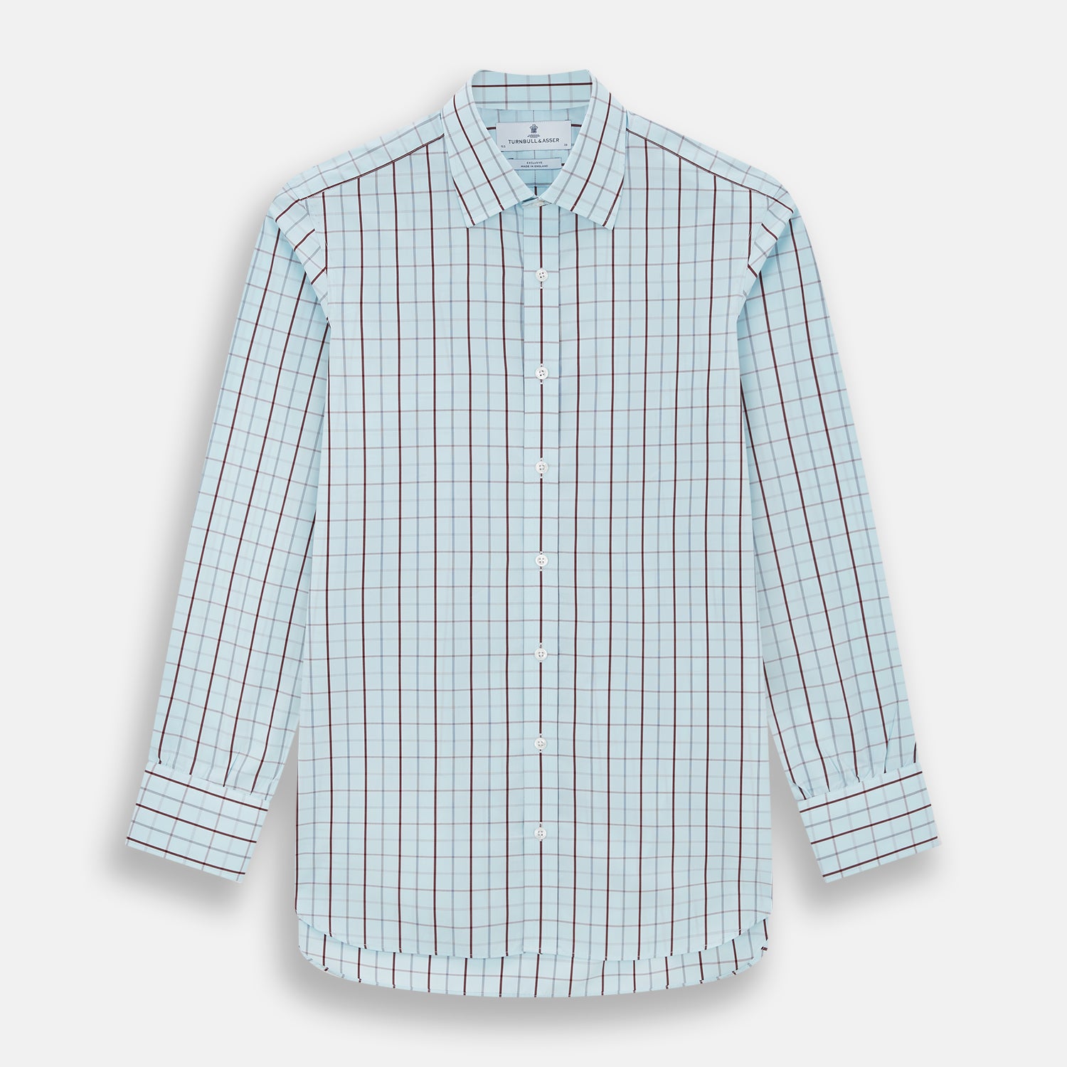 View 1 of product The Turnbull & Asser Burgundy Combination Check Mayfair Shirt is a long-sleeve button-up dress shirt with a check pattern, ideal for formal wear and shown on a plain white background.