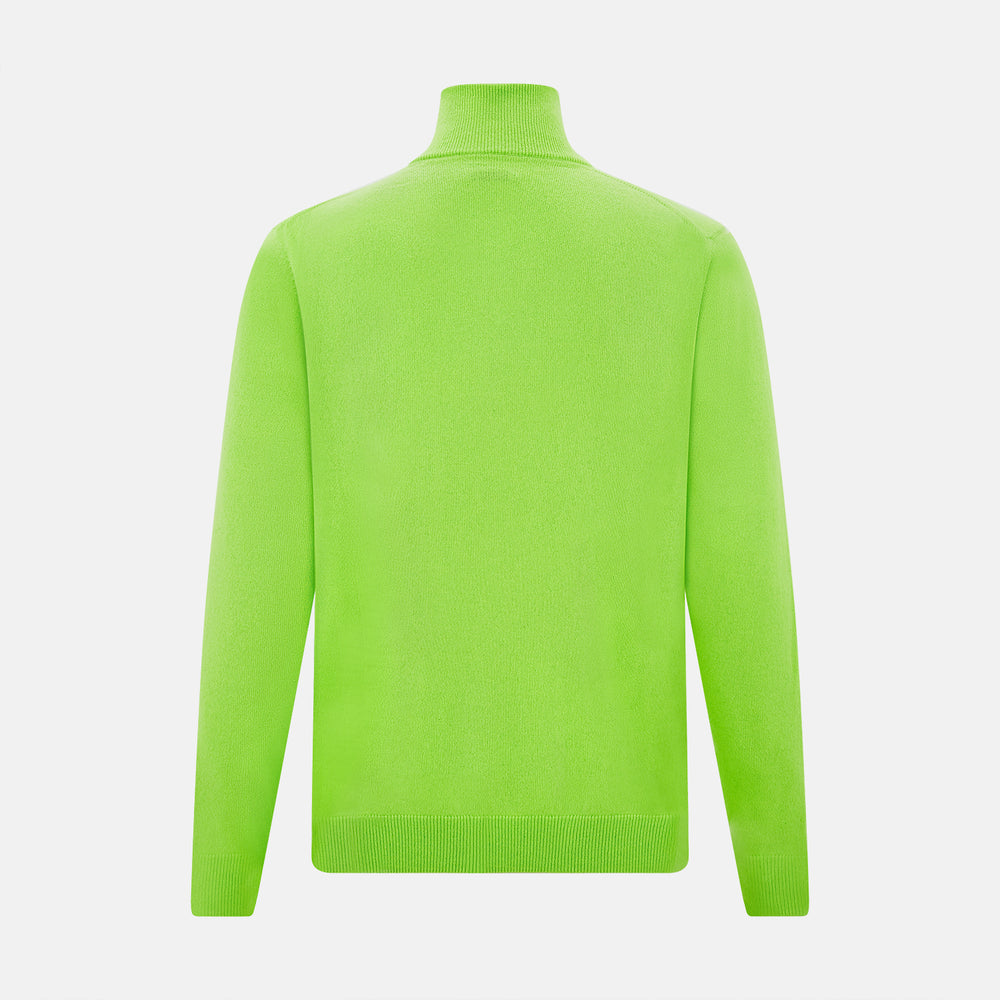 The Turnbull & Asser Neon Green Half-Zip Cashmere Jumper features long sleeves, a high collar, and front half-zip closure—ideal knitwear for bold style, shown on a white background.