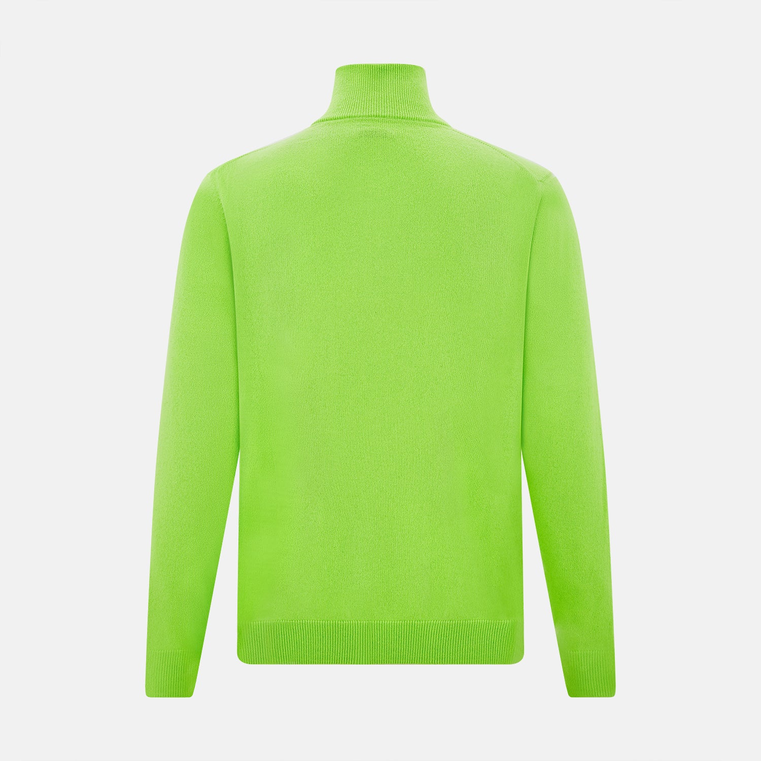 View 3 of product The Turnbull & Asser Neon Green Half-Zip Cashmere Jumper features long sleeves, a high collar, and front half-zip closure—ideal knitwear for bold style, shown on a white background.