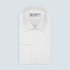 View 1 of product The Turnbull & Asser White Herringbone Superfine Cotton Shirt features a T&A collar, double cuffs, and a visible label inside the collar, shown neatly folded on a light blue background—ideal for minimalist looks or pairing with bold ties.
