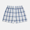 View 1 of product Blue Blazer Check Godfrey Boxer Shorts by Turnbull & Asser, crafted from Italian cotton with blue and light pink plaid and an elastic waistband, shown against a plain white background.
