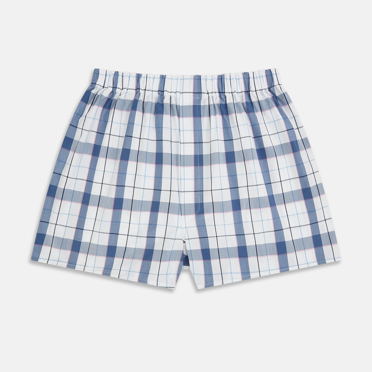 View 1 of product Blue Blazer Check Godfrey Boxer Shorts by Turnbull & Asser, crafted from Italian cotton with blue and light pink plaid and an elastic waistband, shown against a plain white background.