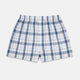 Blue Blazer Check Godfrey Boxer Shorts by Turnbull & Asser, crafted from Italian cotton with blue and light pink plaid and an elastic waistband, shown against a plain white background.