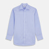 View 1 of product The Turnbull & Asser Blue Herringbone Regular Fit Shirt features a classic Kent collar, long sleeves, white buttons, and buttoned cuffs. Displayed on a white background, it's the perfect formal shirt for any occasion.