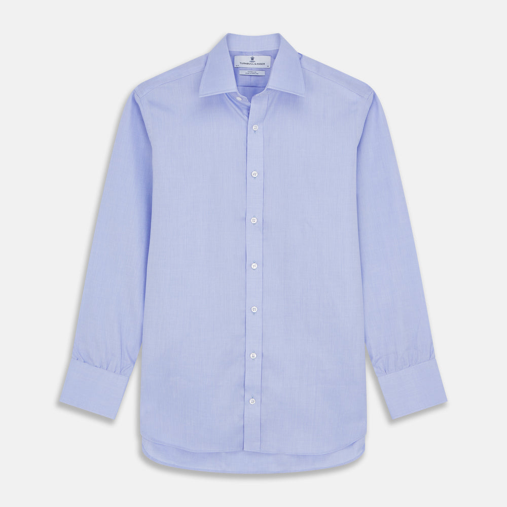 The Turnbull & Asser Blue Herringbone Regular Fit Shirt features a classic Kent collar, long sleeves, white buttons, and buttoned cuffs. Displayed on a white background, it's the perfect formal shirt for any occasion.