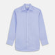 The Turnbull & Asser Blue Herringbone Regular Fit Shirt features a classic Kent collar, long sleeves, white buttons, and buttoned cuffs. Displayed on a white background, it's the perfect formal shirt for any occasion.