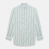 View 1 of product The SAGE GREEN MULTI STRIPE WESTMINSTER SHIRT by Turnbull & Asser features a classic collar, long sleeves, buttoned cuffs, relaxed fit, and vertical green and white stripes—embodying timeless British craftsmanship.