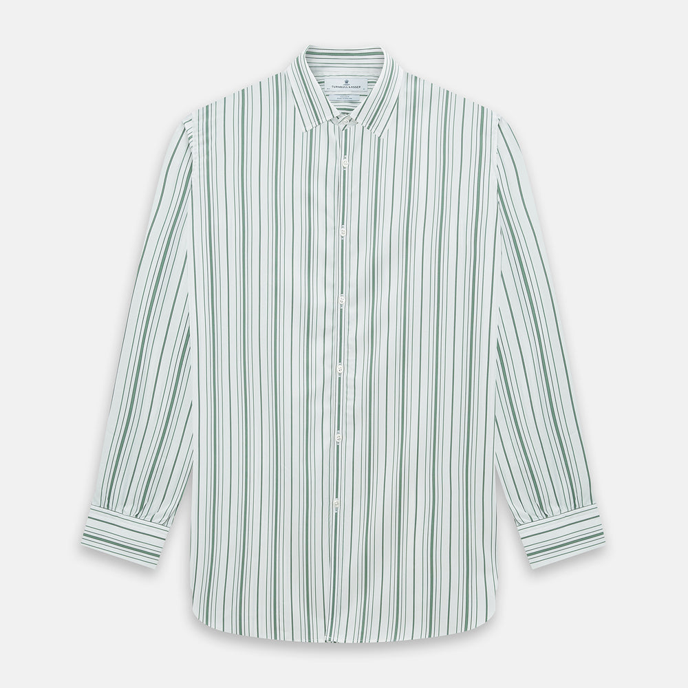 The SAGE GREEN MULTI STRIPE WESTMINSTER SHIRT by Turnbull & Asser features a classic collar, long sleeves, buttoned cuffs, relaxed fit, and vertical green and white stripes—embodying timeless British craftsmanship.