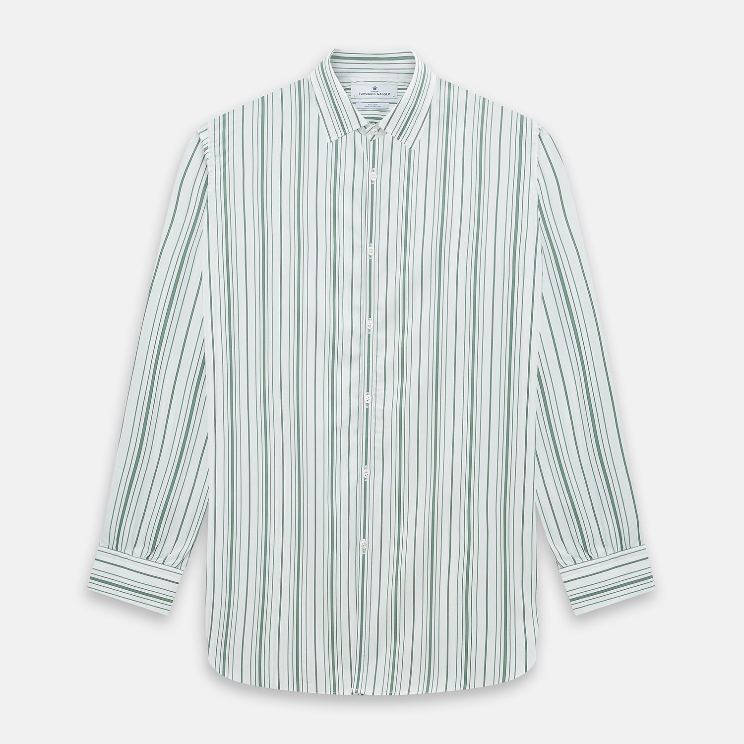 View 1 of product The SAGE GREEN MULTI STRIPE WESTMINSTER SHIRT by Turnbull & Asser features a classic collar, long sleeves, buttoned cuffs, relaxed fit, and vertical green and white stripes—embodying timeless British craftsmanship.