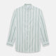 The SAGE GREEN MULTI STRIPE WESTMINSTER SHIRT by Turnbull & Asser features a classic collar, long sleeves, buttoned cuffs, relaxed fit, and vertical green and white stripes—embodying timeless British craftsmanship.