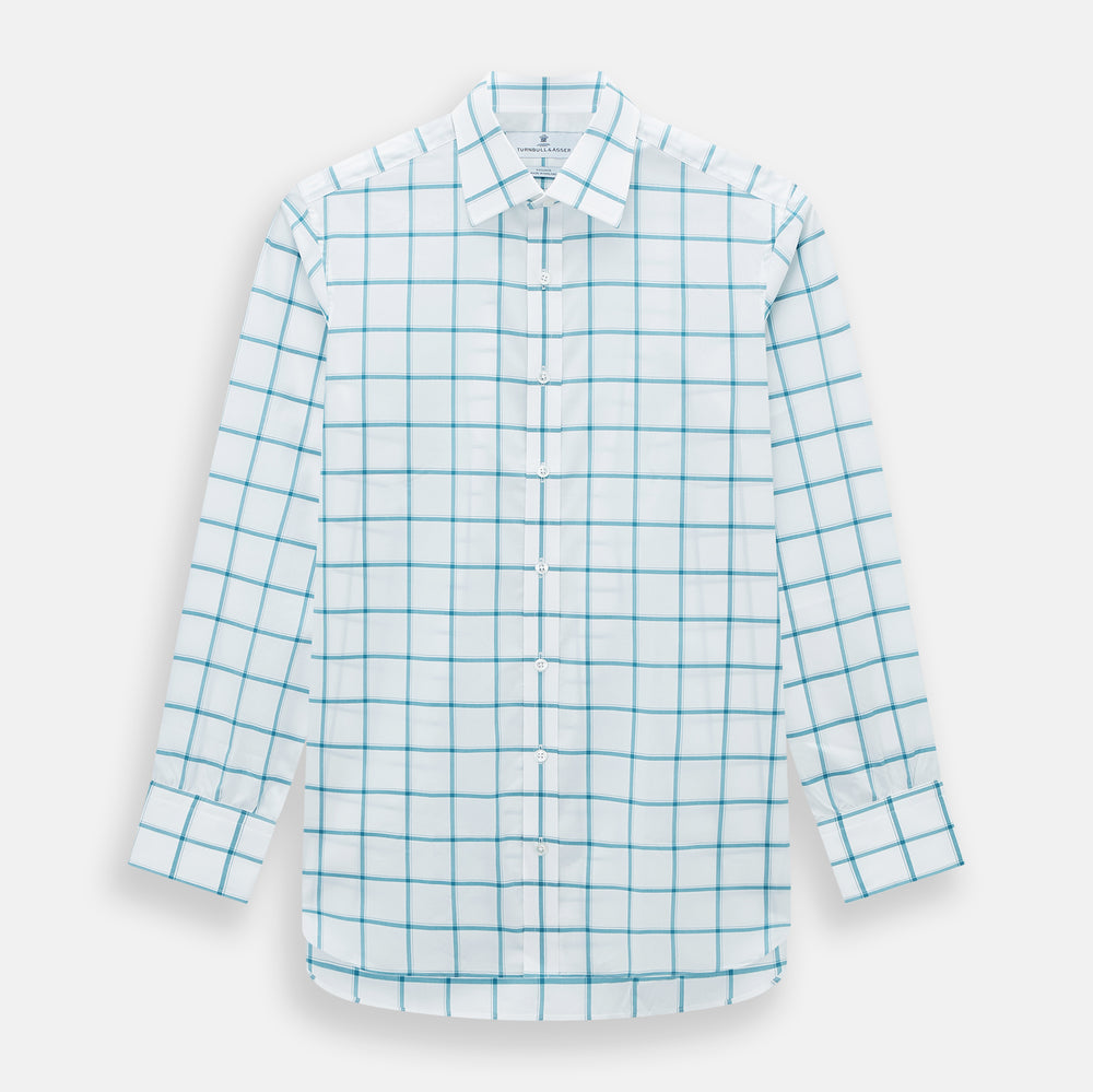 The Turnbull & Asser Turquoise Grid Check Mayfair Shirt is crafted from Italian cotton with a white base and turquoise grid pattern, featuring long sleeves, a pointed collar, and buttoned cuffs.
