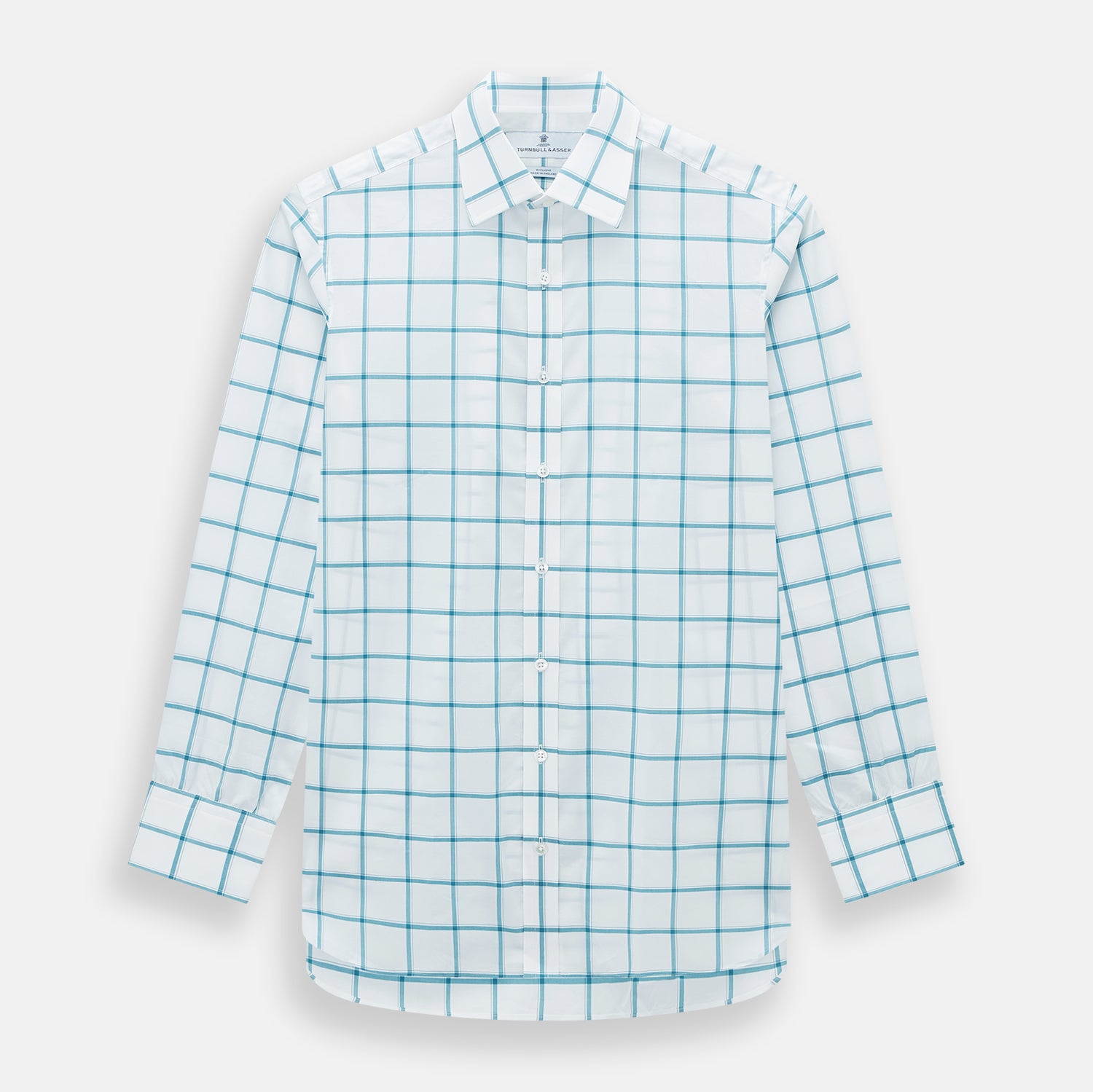 View 1 of product The Turnbull & Asser Turquoise Grid Check Mayfair Shirt is crafted from Italian cotton with a white base and turquoise grid pattern, featuring long sleeves, a pointed collar, and buttoned cuffs.