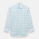 The Turnbull & Asser Turquoise Grid Check Mayfair Shirt is crafted from Italian cotton with a white base and turquoise grid pattern, featuring long sleeves, a pointed collar, and buttoned cuffs.